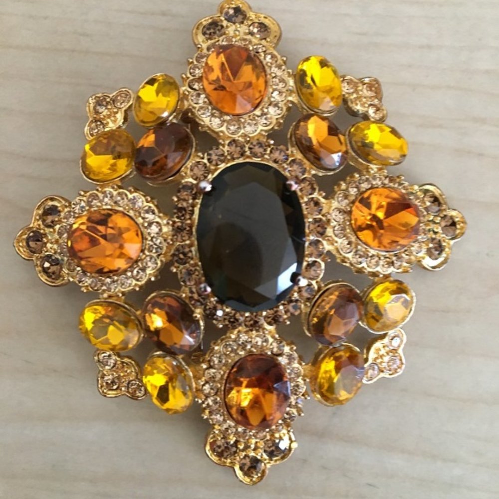 St. John rhinestones orange yellow brooch pin